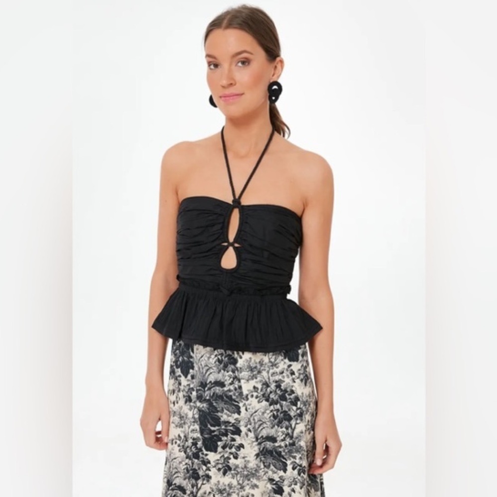Ulla Johnson Black Ruched Strapless Peplum Crop Top with Halter Tie